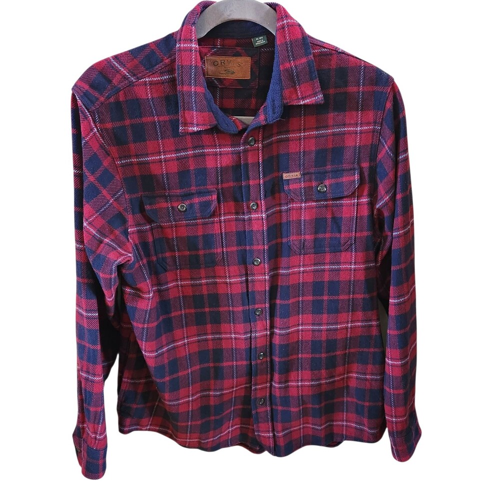 Orvis Shirt Jacket Button Front Chest Pockets Red Black Gray Plaid Mens Size XL
